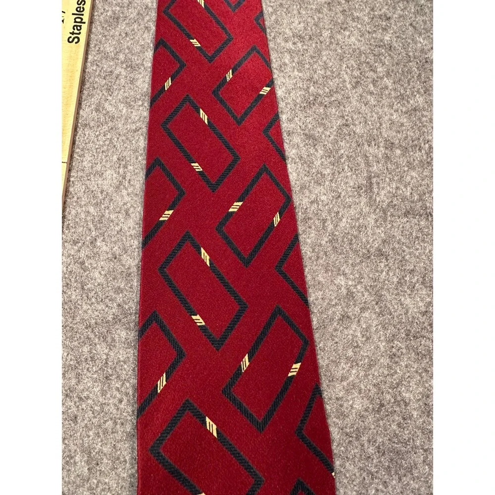 Polo Ralph Lauren Mens Silk Tie Burgundy Red Navy Blue Geometric Rectangle Print